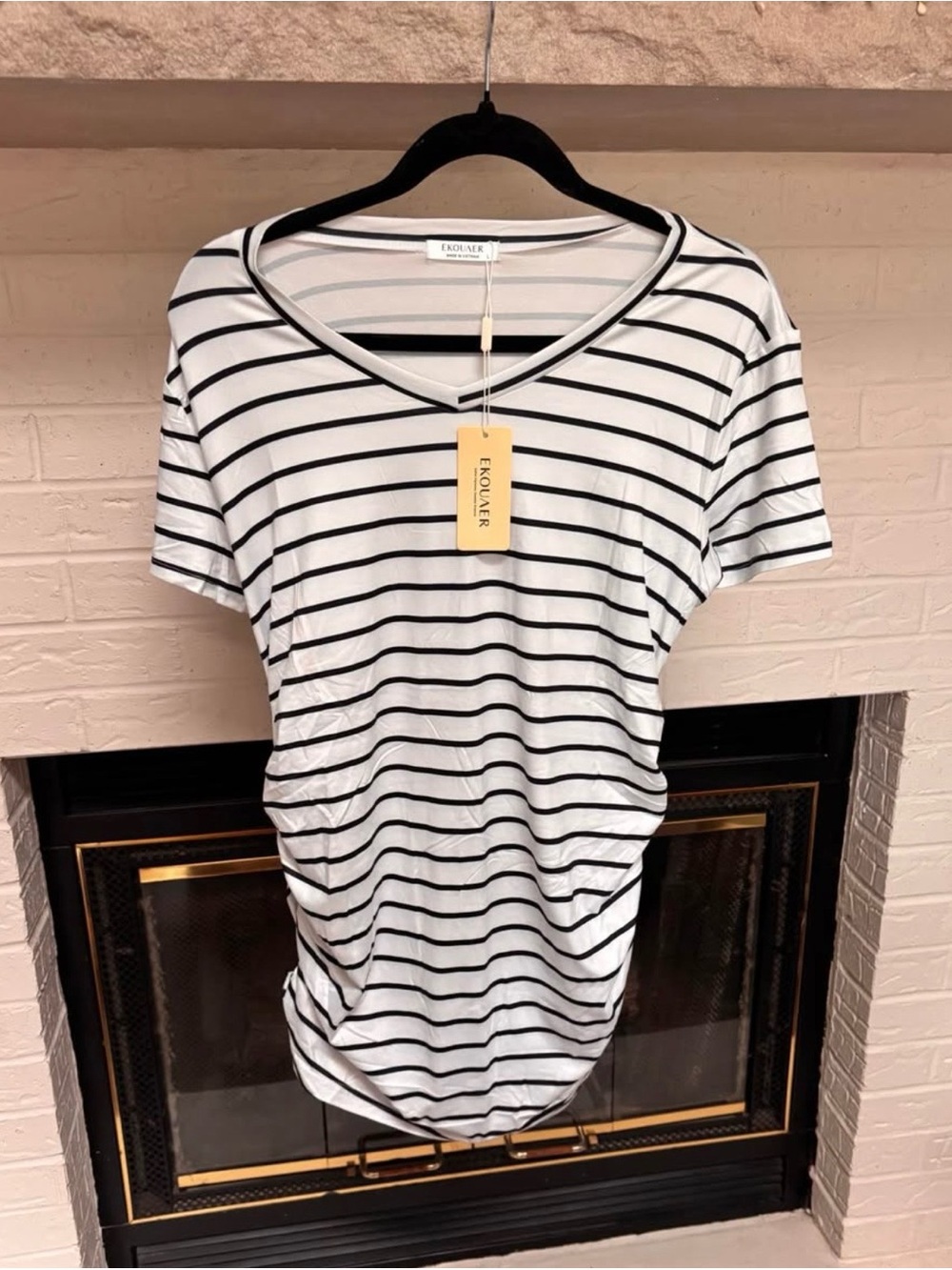 Large Maternity White & Black Striped V-Neck Short Sleeve Tee
